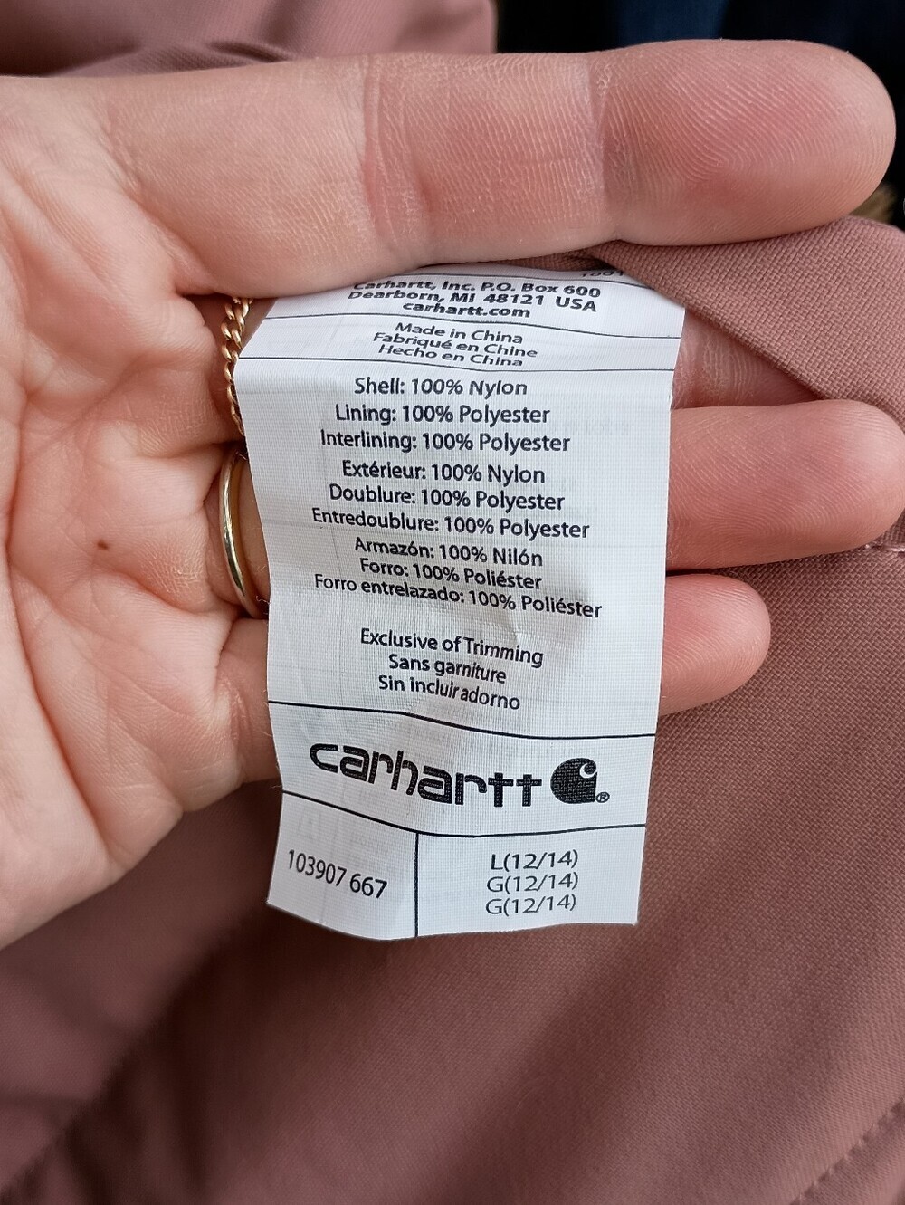 Carhartt Dusty Rose Quilted Jacket Tag Detail_12/14 - Picture 6 of 6